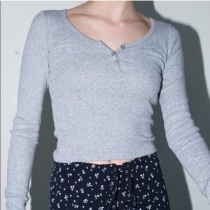 Brandy Melville Zelly Grey Eyelet Long Sleeve Henley Crop Top
